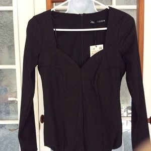 ZARA BLACK STRETCH BODYSUIT SNAP CROTCH SWEETHEART NECK LARGE NEW WITH TAGS